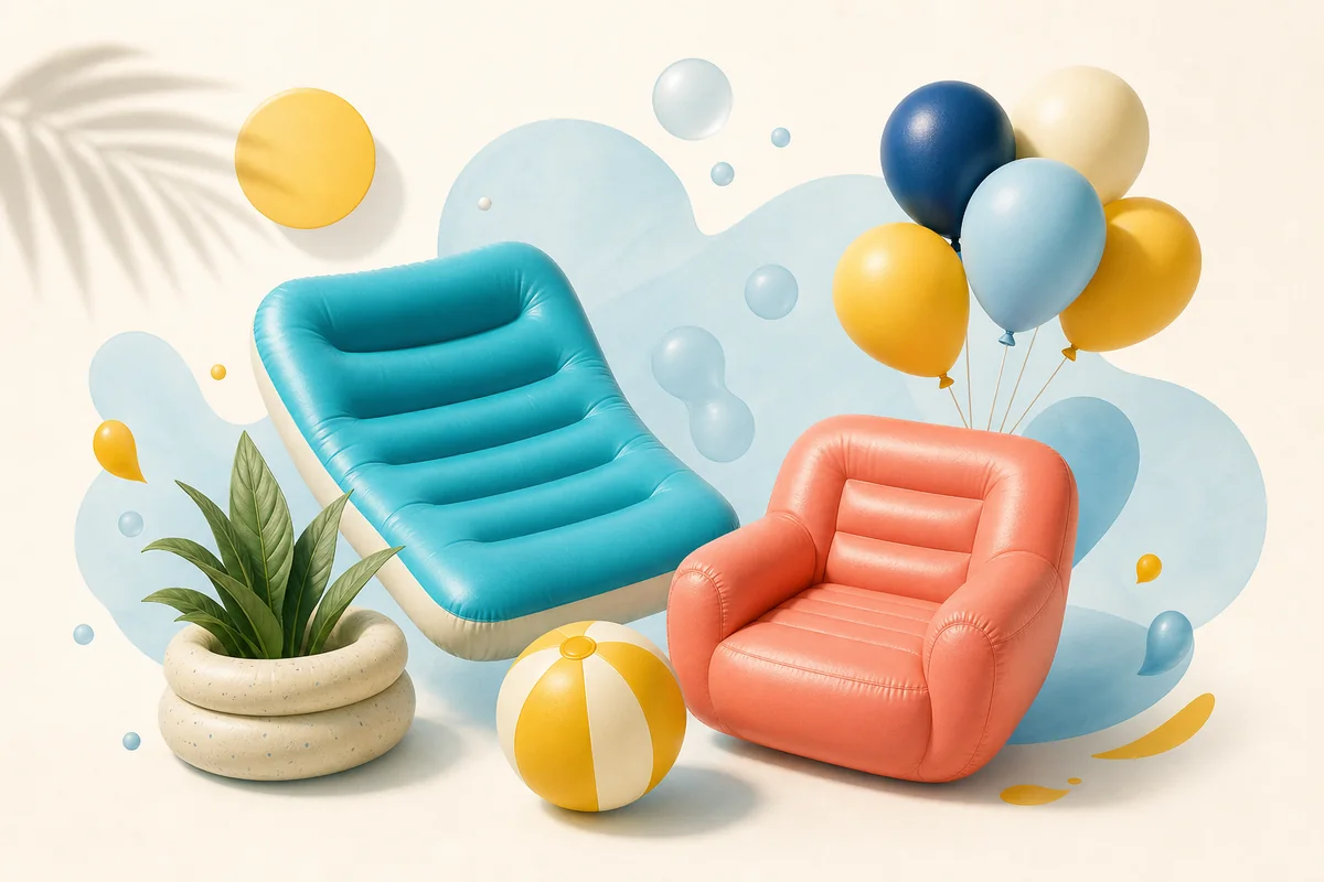 Illustration mit Luftmatratze, aufblasbarem Sessel, Strandball und Ballons