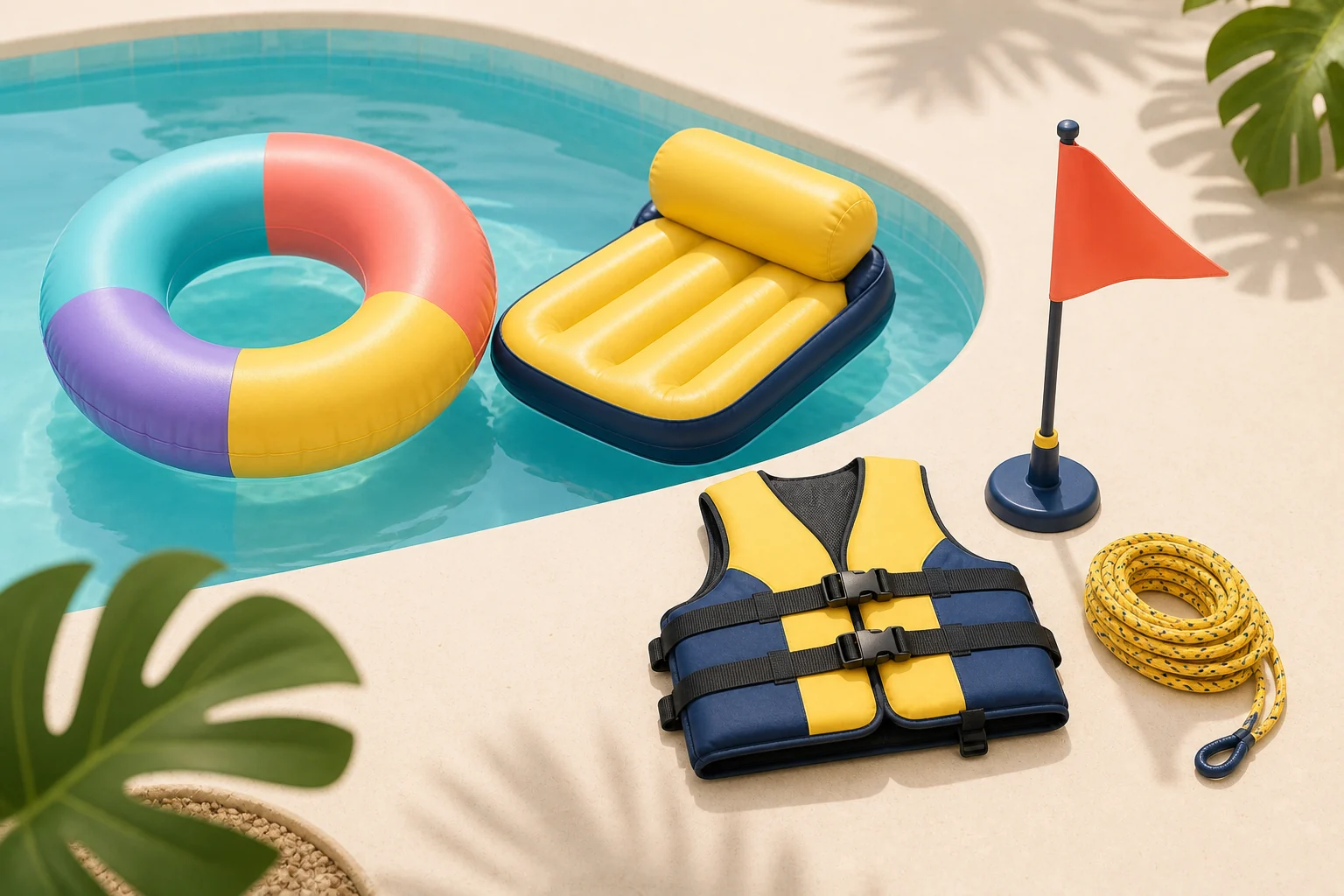 Schwimmring und Luftmatratze am Pool mit Schwimmweste und Sicherheitsleine