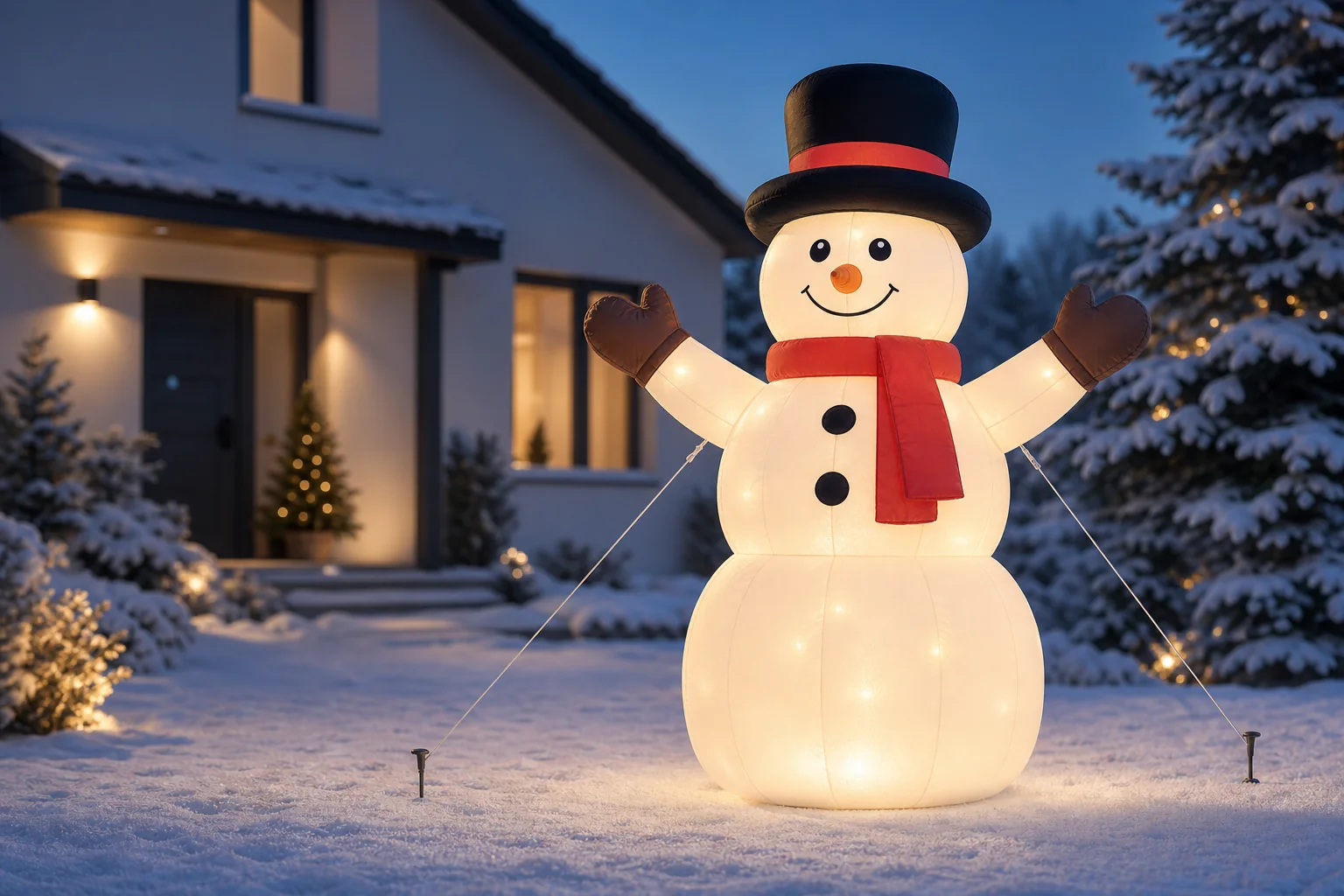 Aufblasbarer Schneemann mit LED-Beleuchtung, Abspannleinen und Bodenankern im winterlichen Vorgarten