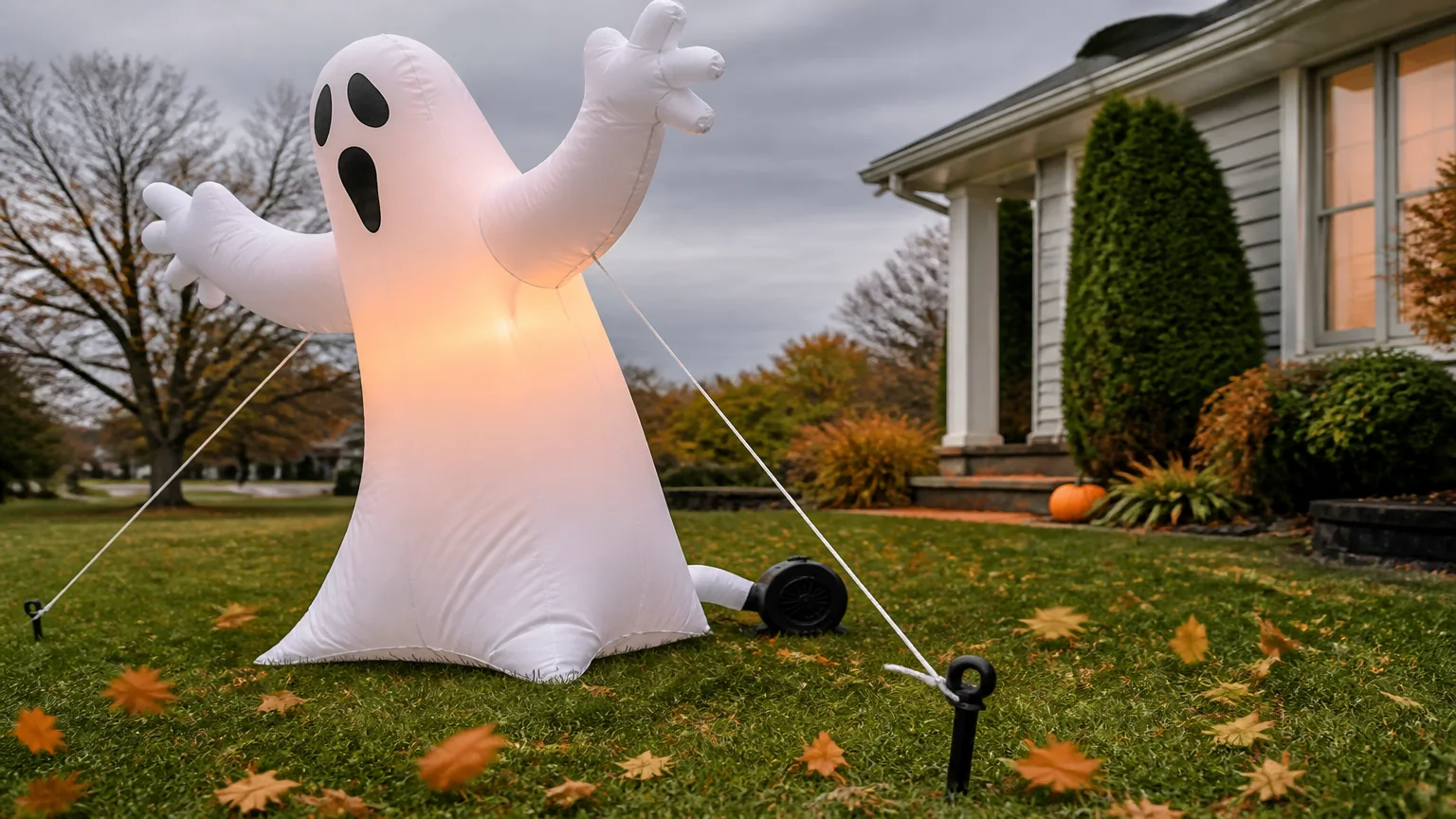 Aufblasbarer Halloween-Geist mit Abspannseilen und Bodenankern im Vorgarten