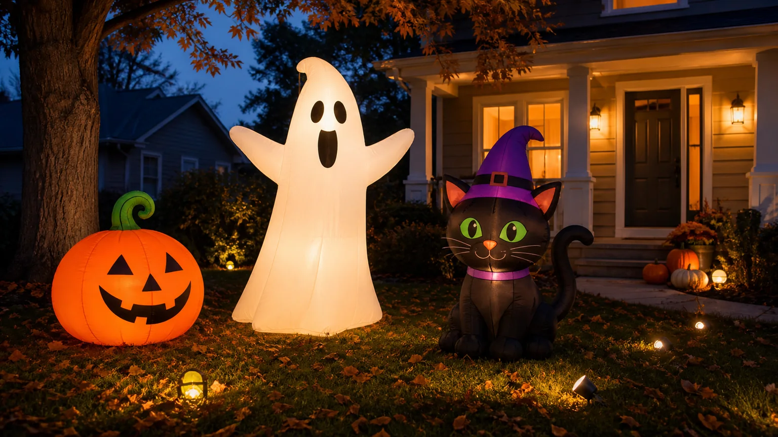 Aufblasbare Halloween-Figuren mit Geist, Kürbis und schwarzer Katze im Vorgarten
