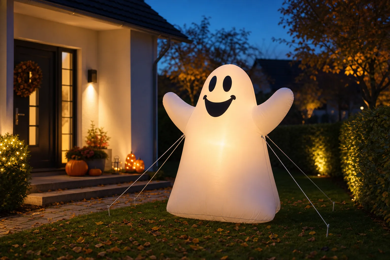 Beleuchtete aufblasbare Halloween-Geisterdeko mit Abspannleinen im Vorgarten
