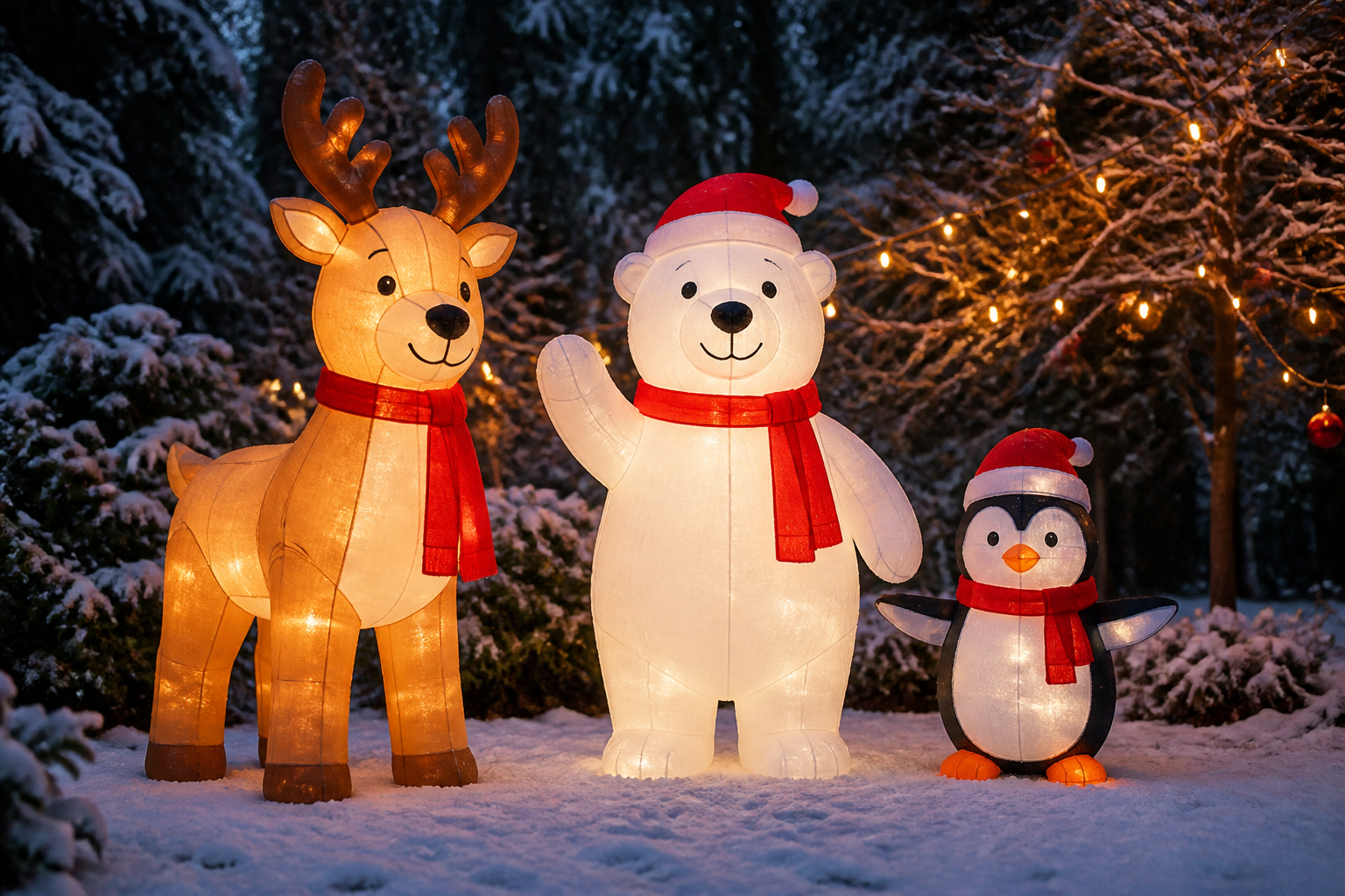 Aufblasbares Rentier, Eisbär und Pinguin als beleuchtete Weihnachtsdekoration