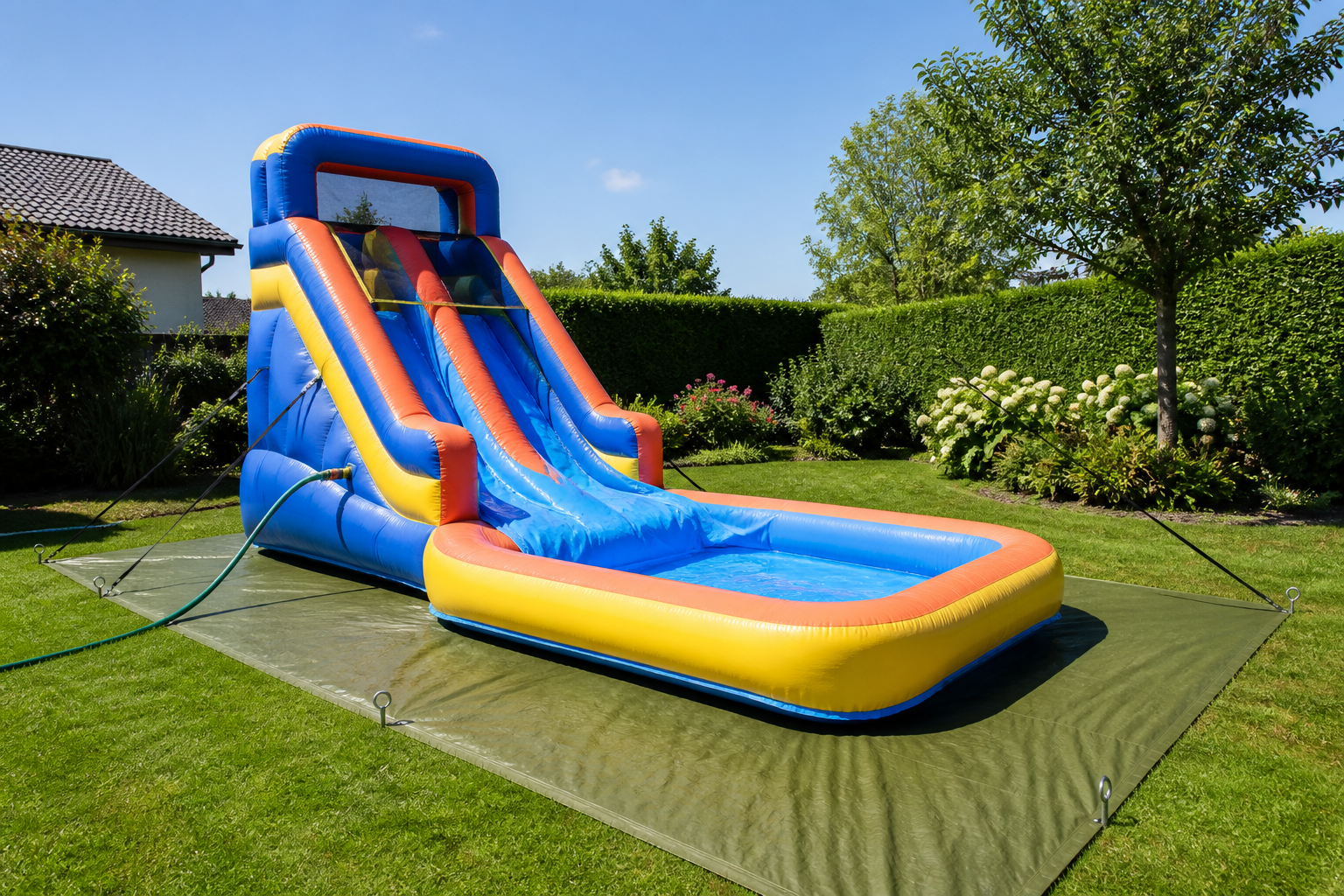 Aufblasbare Wasserrutsche sicher im Garten aufbauen