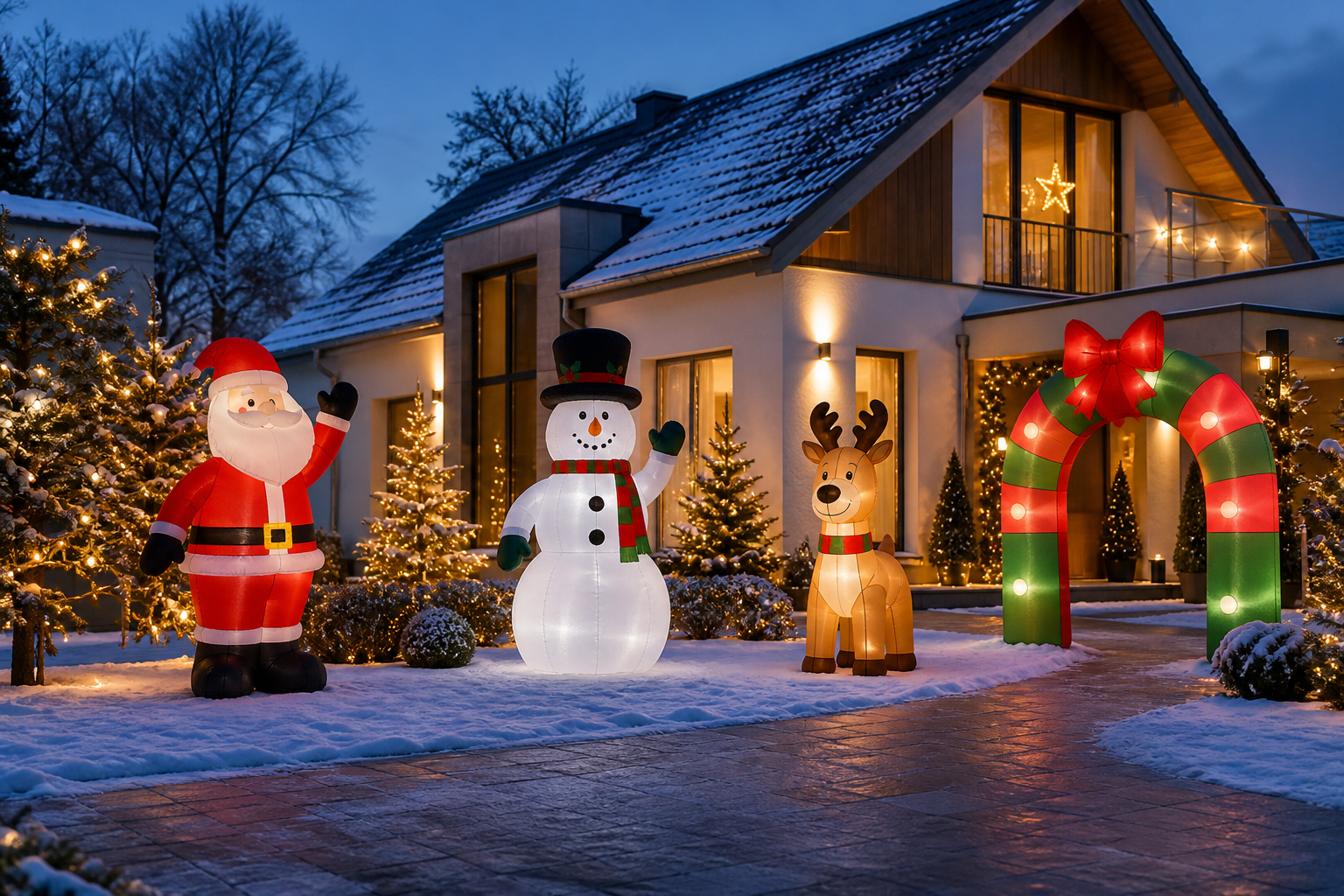 Aufblasbare Weihnachtsdeko mit Weihnachtsmann, Schneemann, Rentier und Torbogen im winterlichen Vorgarten
