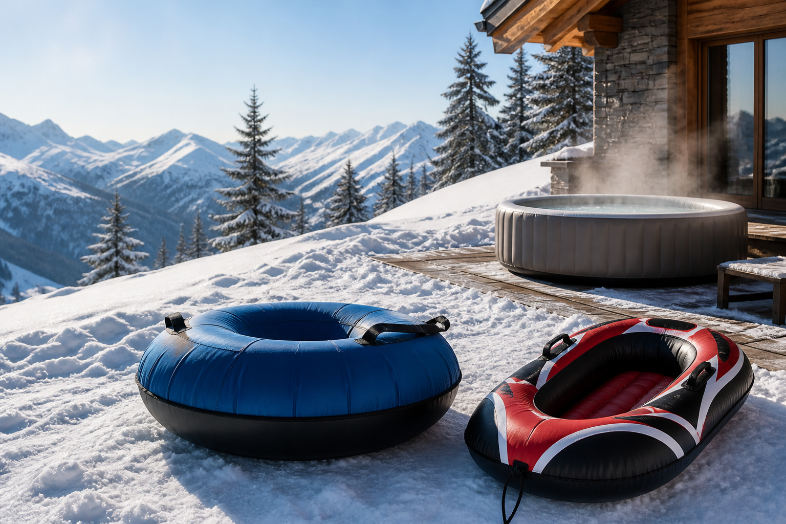 Snowtube, aufblasbarer Schlitten und Whirlpool in einer winterlichen Berglandschaft