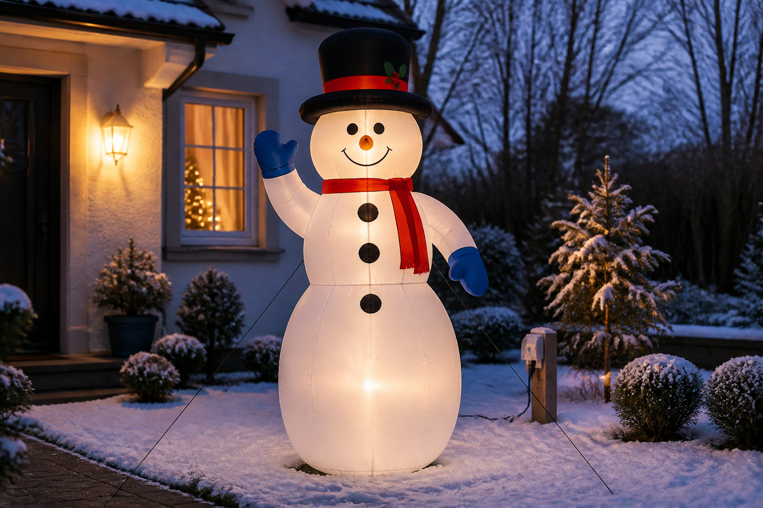 Großer beleuchteter aufblasbarer Schneemann mit Abspannleinen im Vorgarten