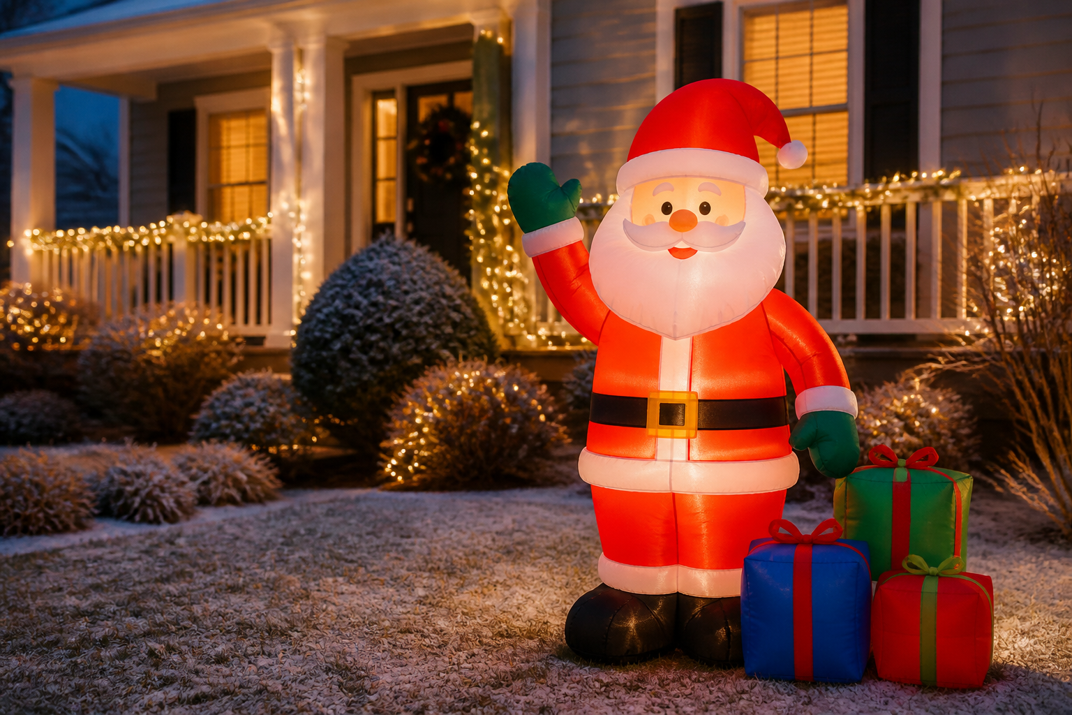 Aufblasbarer Weihnachtsmann mit beleuchteten Geschenken im Vorgarten