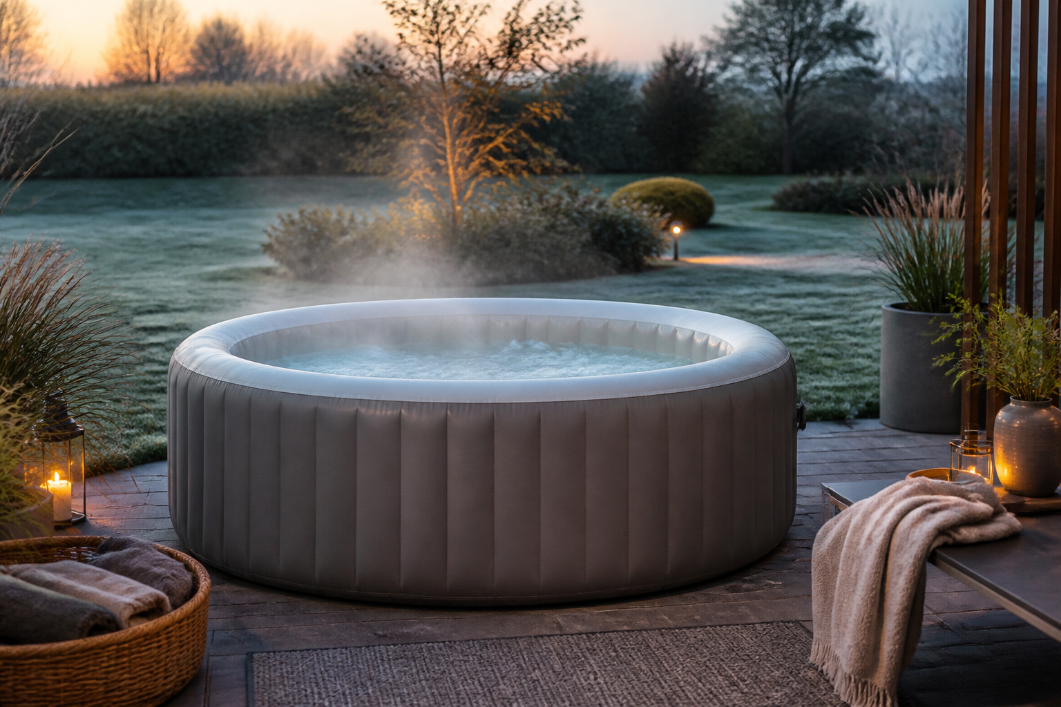 Aufblasbarer Whirlpool auf einer Terrasse bei kühlem Wetter