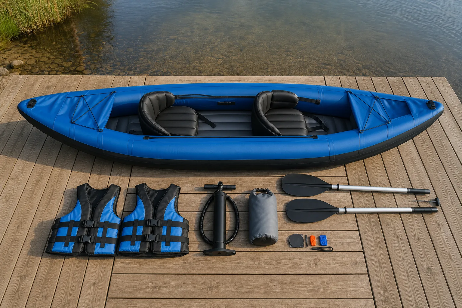 Aufblasbares Kajak für zwei Personen mit Paddeln, Schwimmwesten, Pumpe und Dry Bag am See