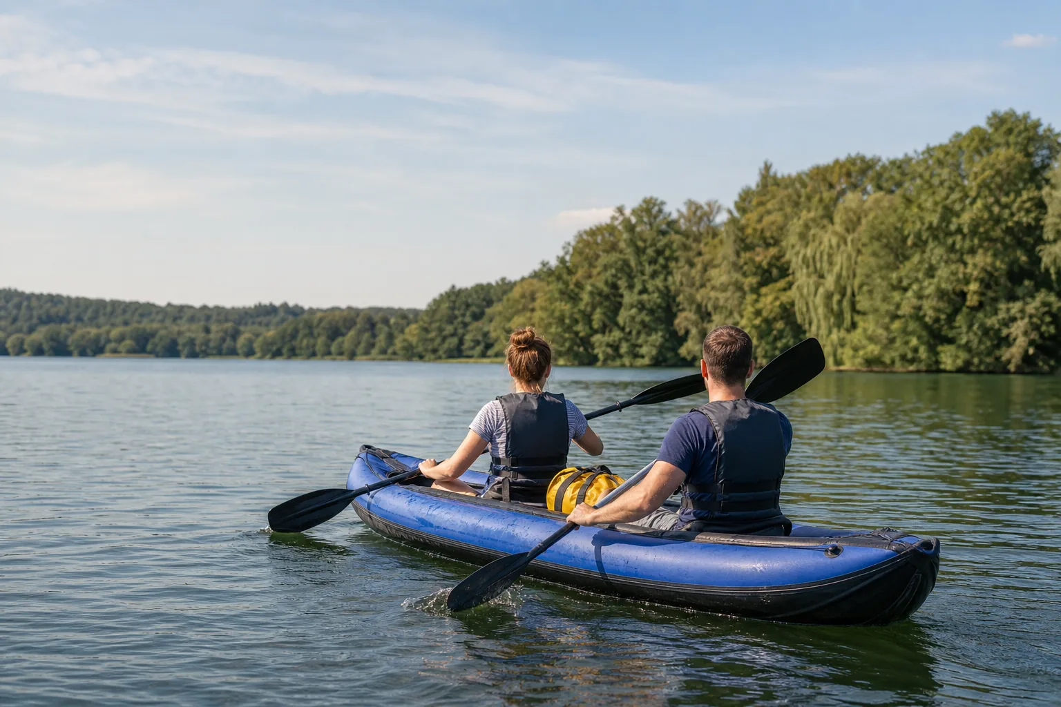 Zwei Personen paddeln mit Schwimmwesten in einem aufblasbaren Kajak auf einem ruhigen See