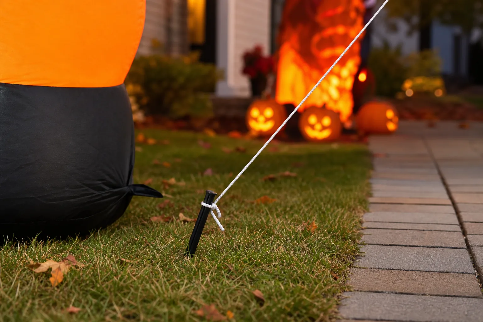 Bodenanker und Abspannleine einer aufblasbaren Halloween-Deko im Garten