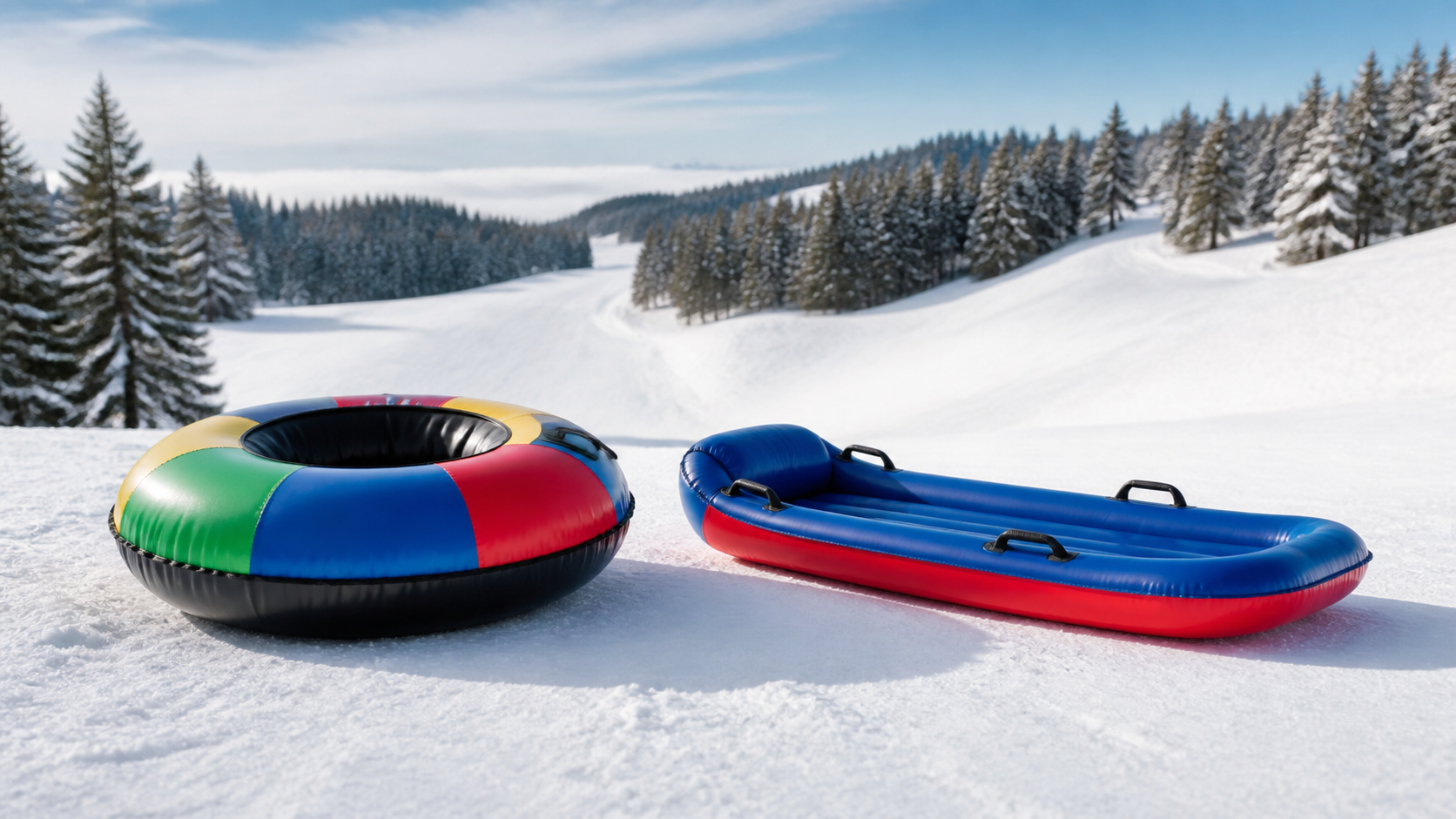 Snowtube und aufblasbarer Schlitten auf einem verschneiten Rodelhang