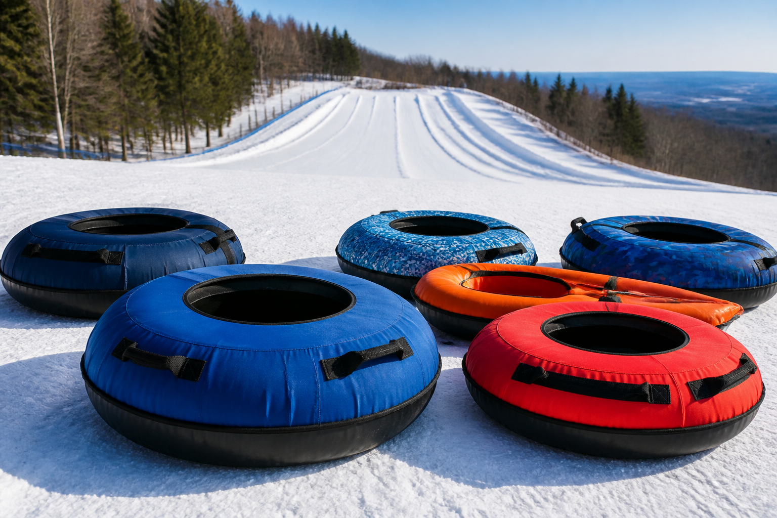 Verschiedene Snowtubes und aufblasbare Rodelreifen an einem verschneiten Rodelhang