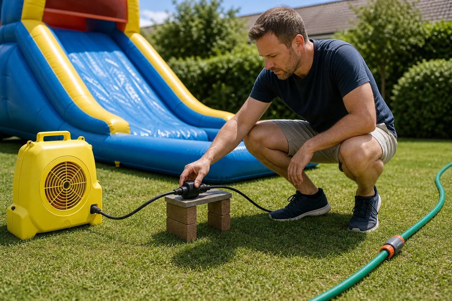 Gebläse und Wasseranschluss einer aufblasbaren Wasserrutsche sicher getrennt im Garten
