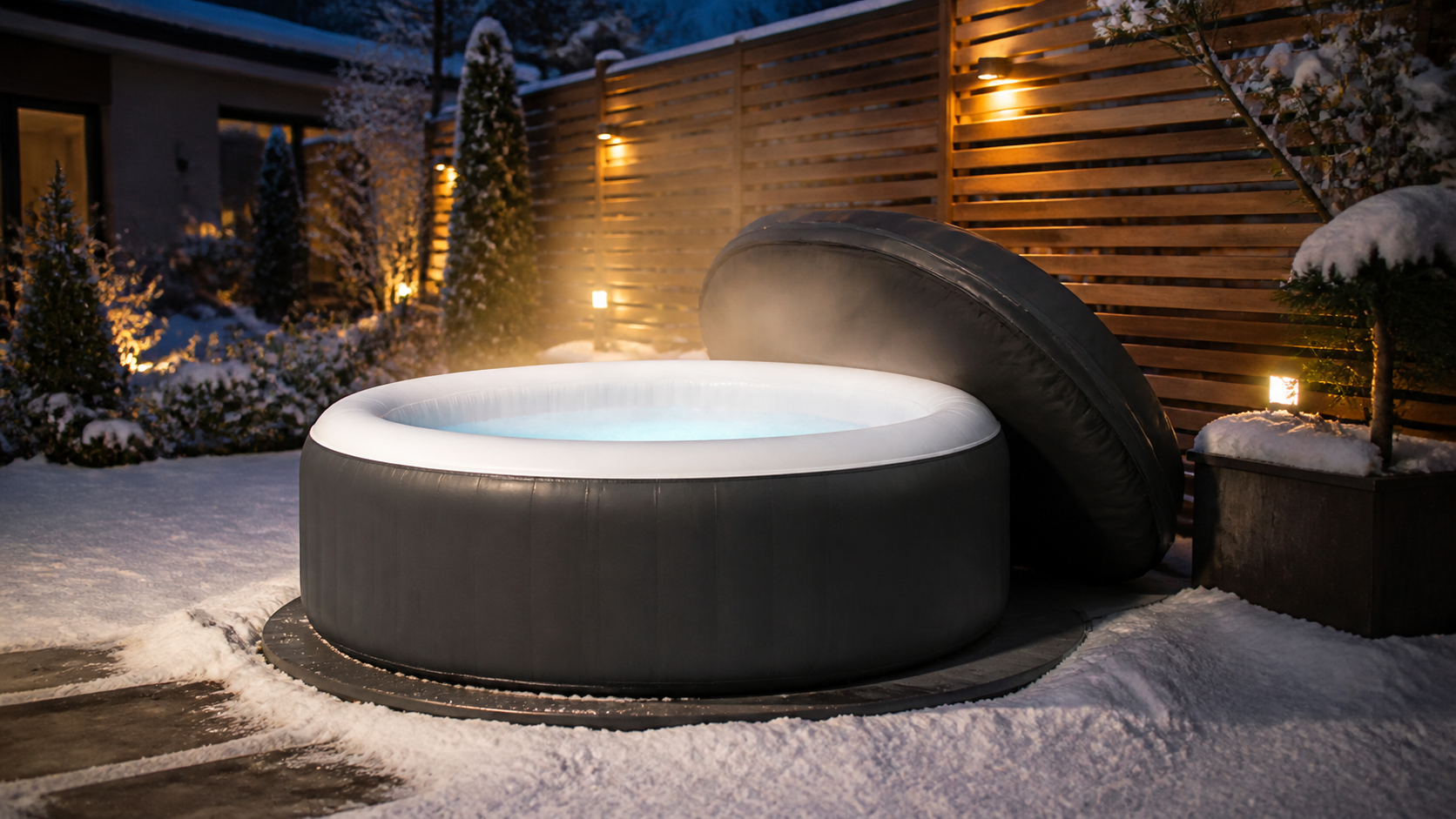 Aufblasbarer Whirlpool im verschneiten Garten bei winterlicher Abendstimmung