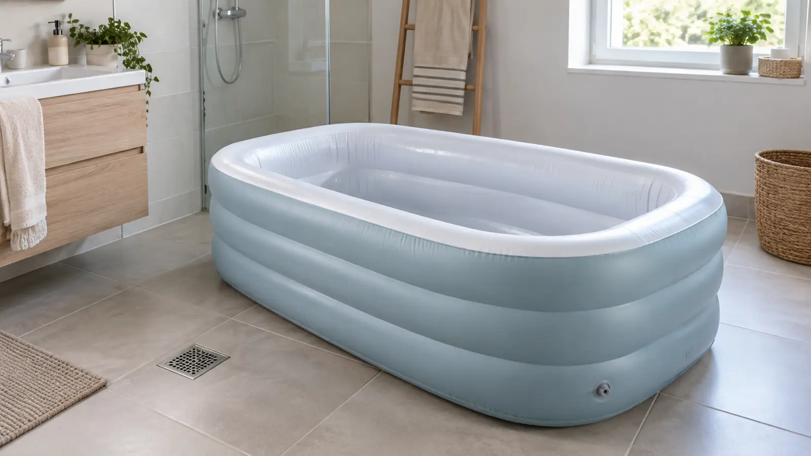 Leere aufblasbare Badewanne in einem hellen Badezimmer