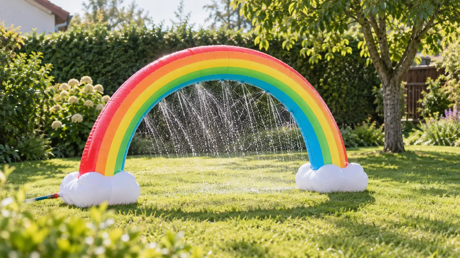 Aufblasbarer Regenbogen-Gartensprinkler sprüht Wasser über eine Rasenfläche