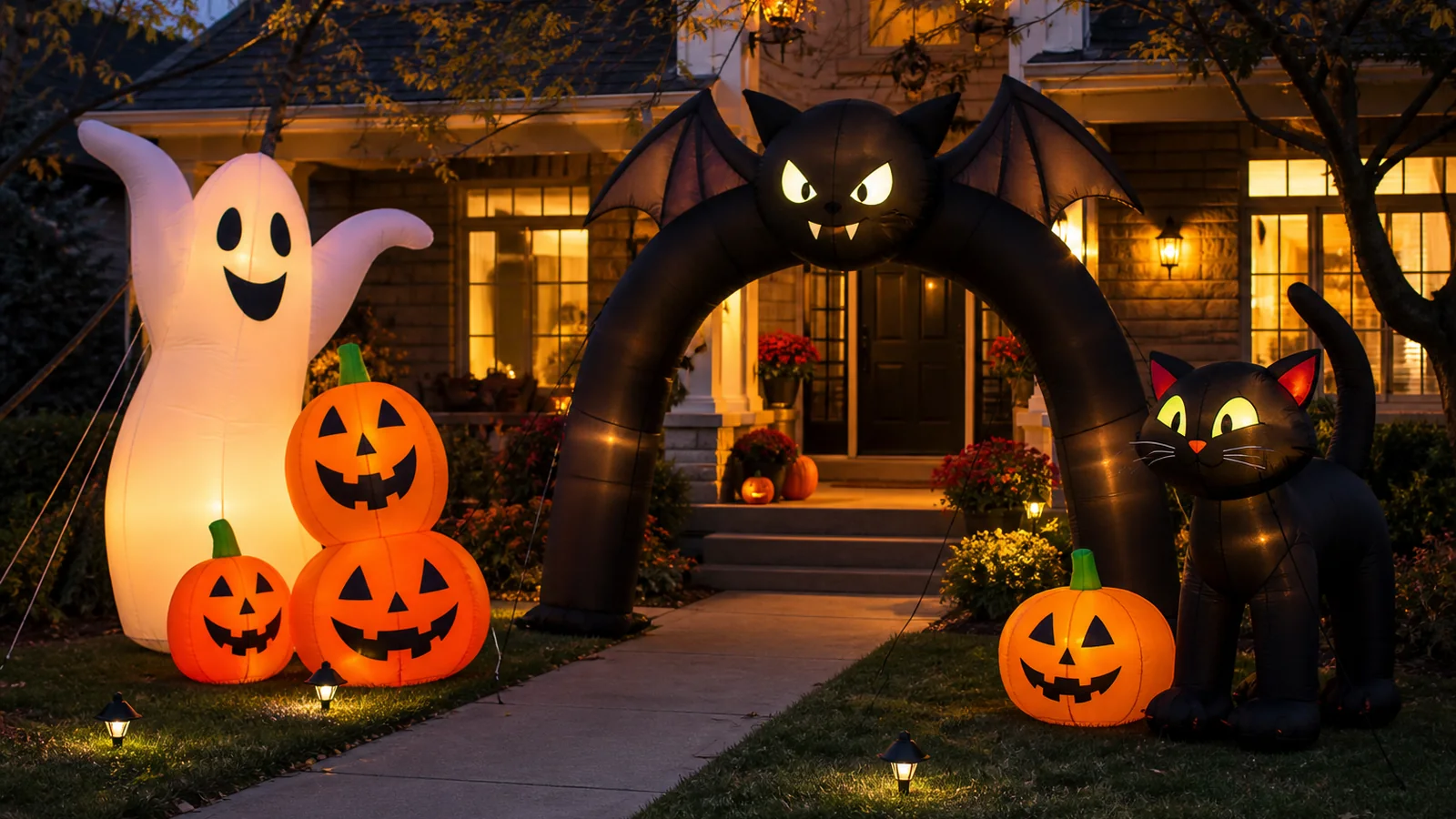 Beleuchteter Halloween-Vorgarten mit Geist, Kürbissen, schwarzer Katze und aufblasbarem Torbogen