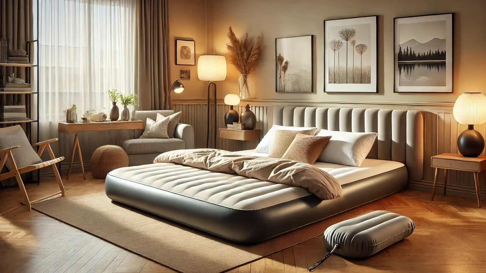 Aufblasbares Luftbett mit Kissen und Decke in einem vorbereiteten Gästezimmer