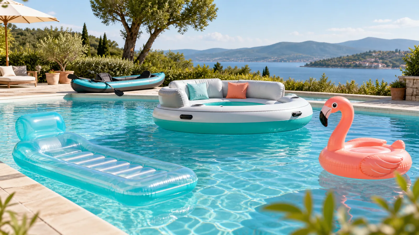 Verschiedene aufblasbare Poolprodukte mit Poolliege, Badeinsel, Schwimmtier und Kajak