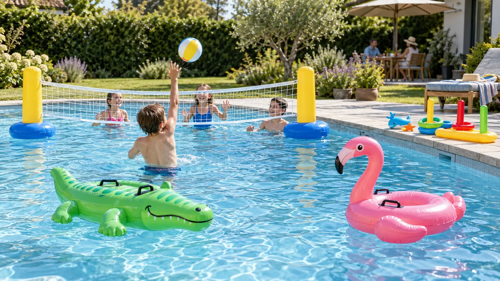 Kinder spielen mit einem aufblasbaren Volleyballnetz und verschiedenen Wasserspielzeugen im Pool