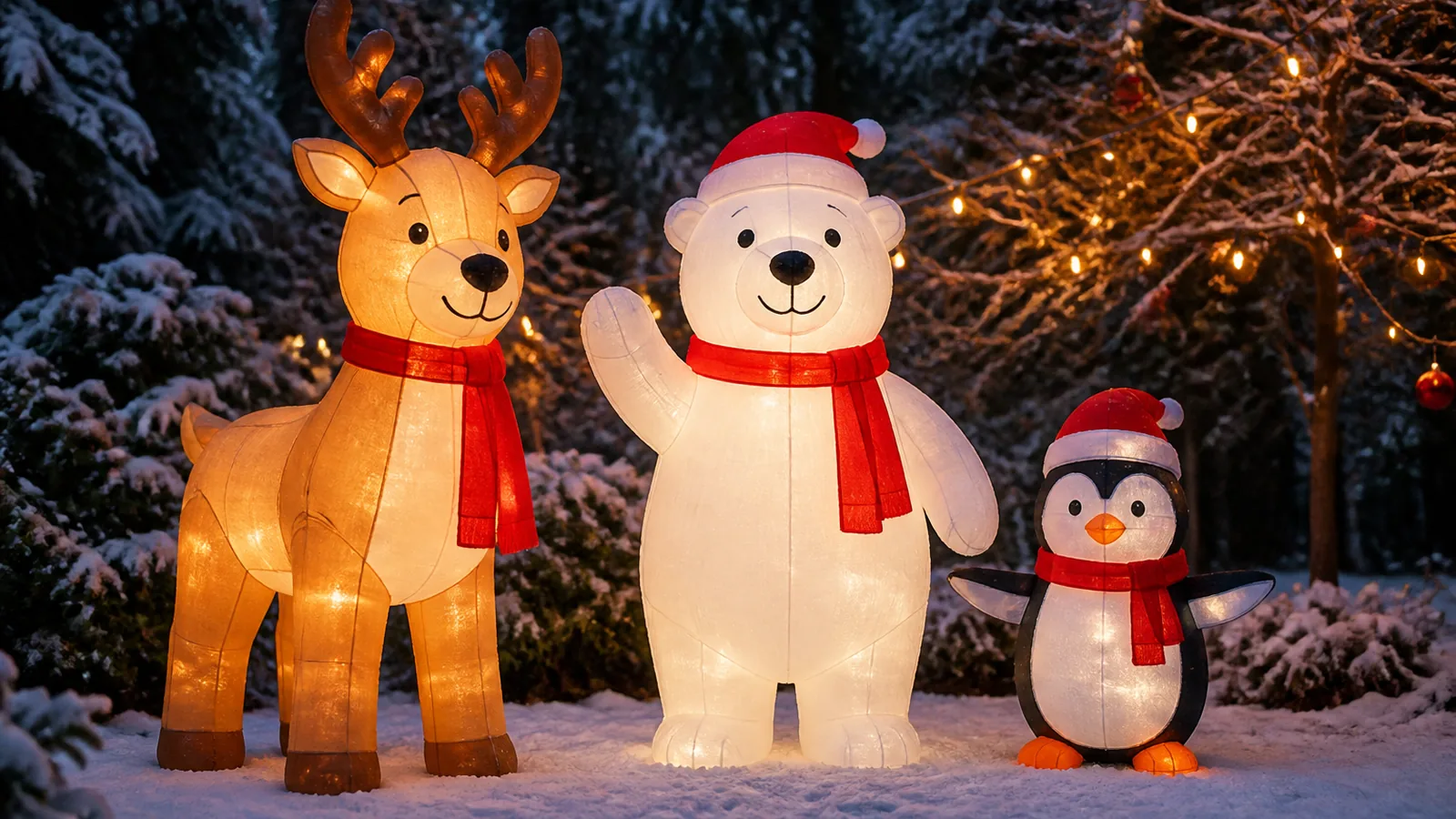 Aufblasbares Rentier, Eisbär und Pinguin als beleuchtete Weihnachtsdekoration
