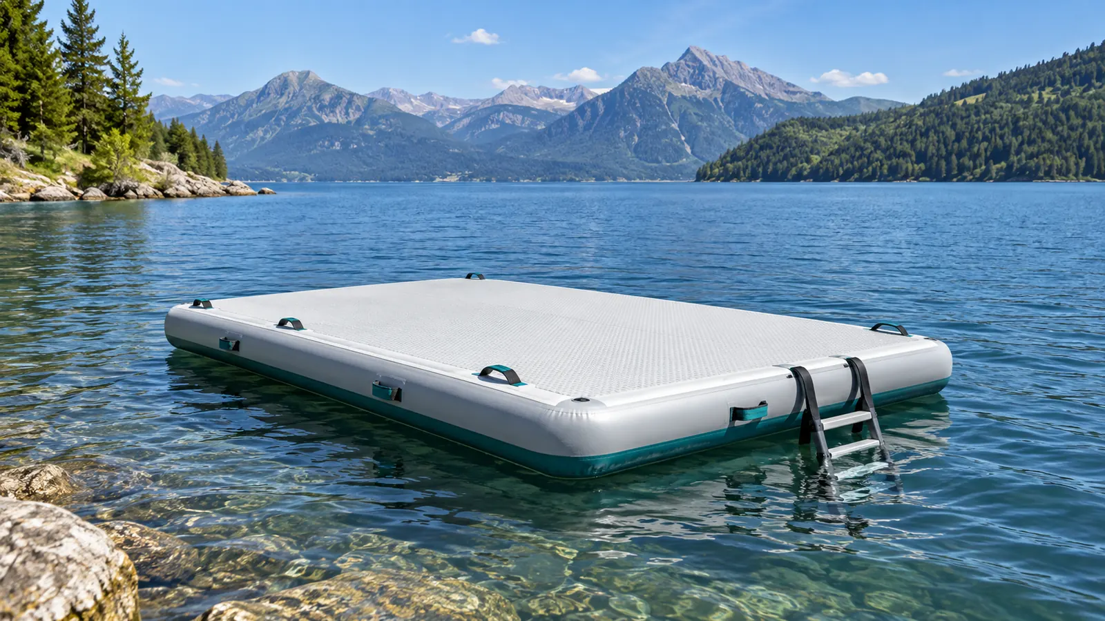 Rechteckige aufblasbare Schwimmplattform mit Leiter auf einem ruhigen Bergsee