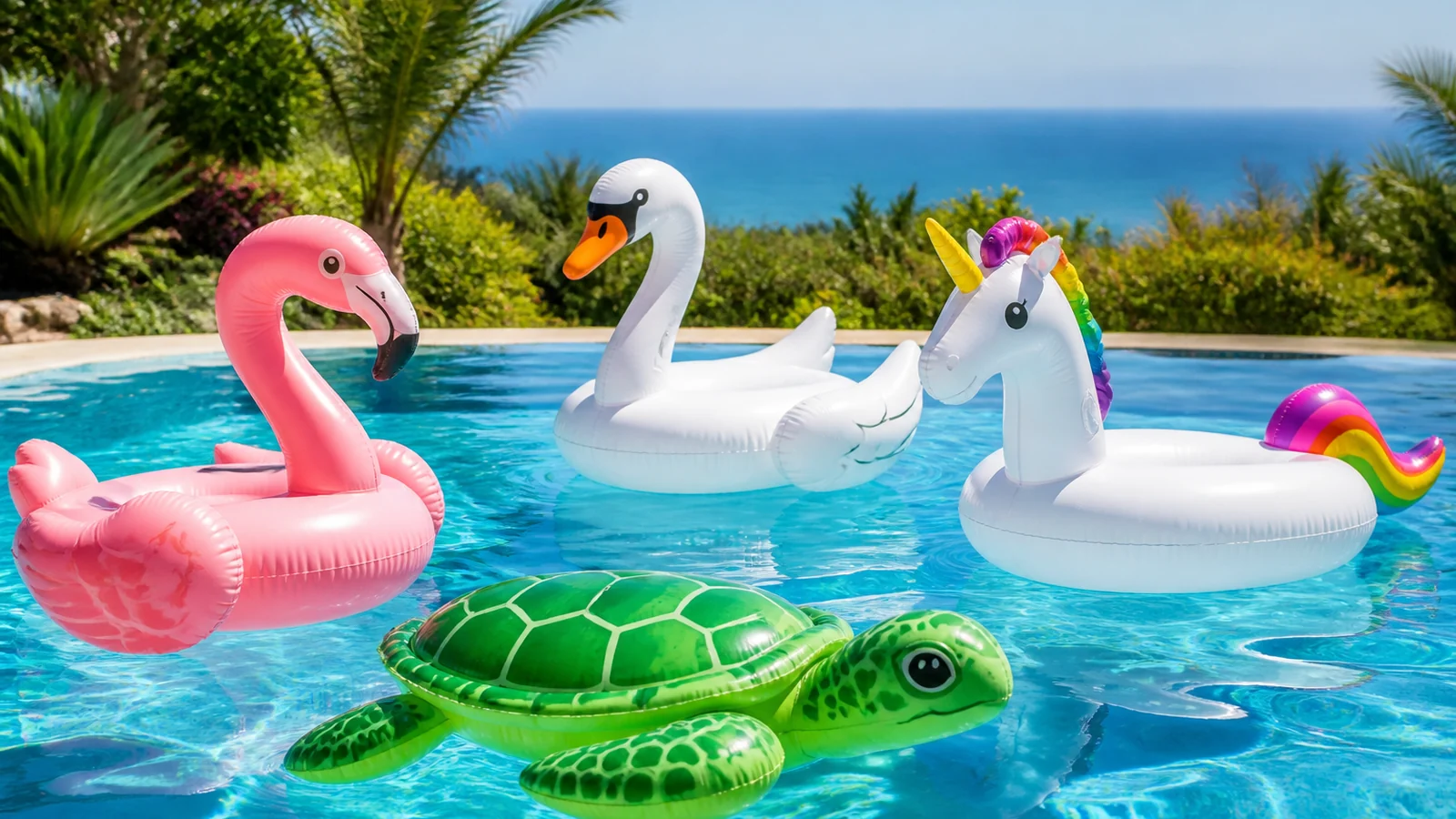 Flamingo, Schwan, Einhorn und Schildkröte als aufblasbare Schwimmtiere im Pool