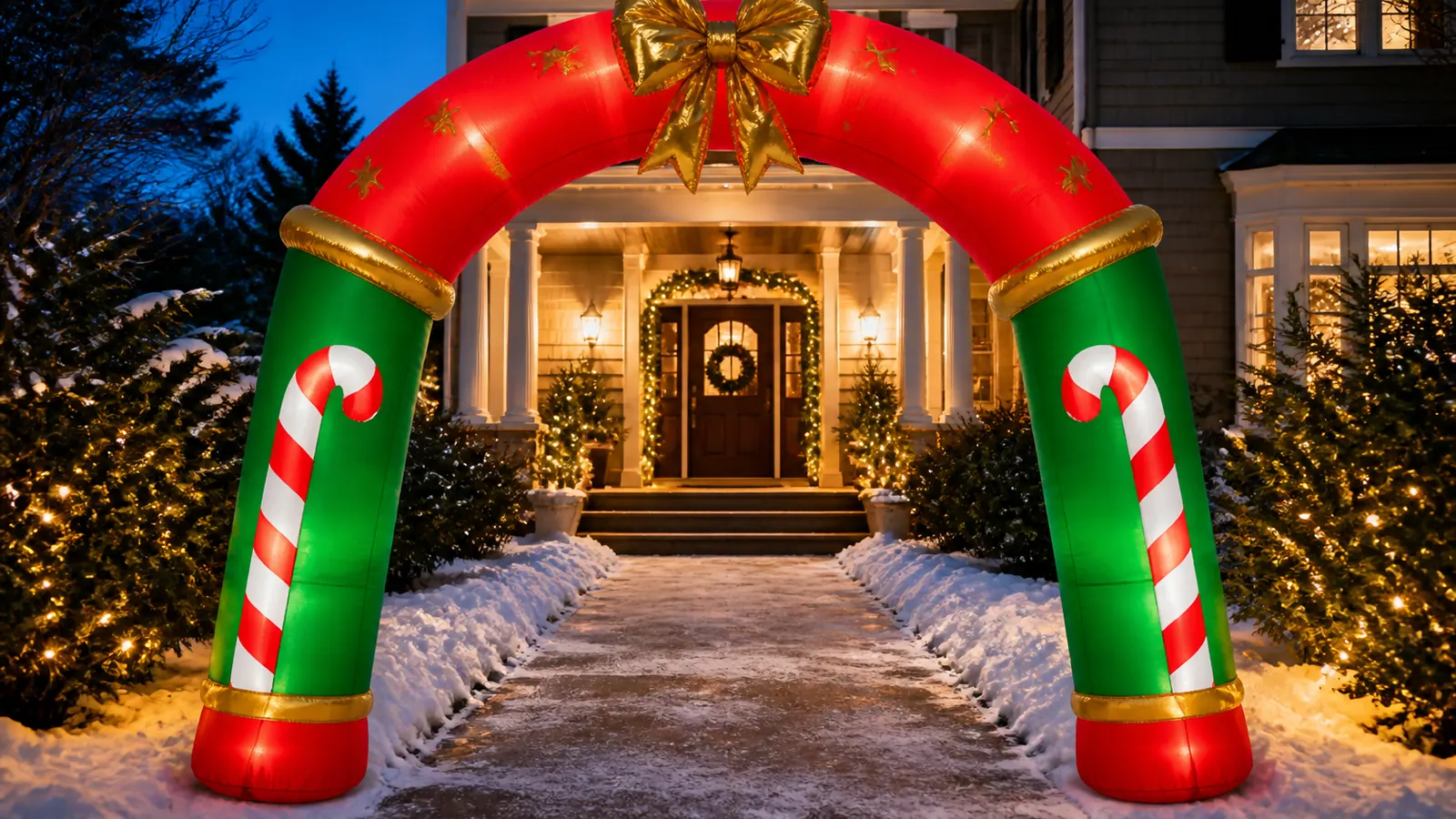 Beleuchteter aufblasbarer Weihnachts-Torbogen über einem verschneiten Gartenweg