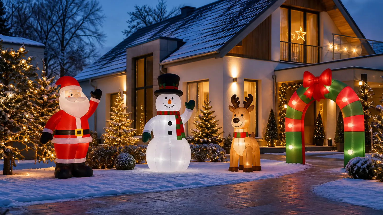 Aufblasbare Weihnachtsdeko mit Weihnachtsmann, Schneemann, Rentier und Torbogen im winterlichen Vorgarten