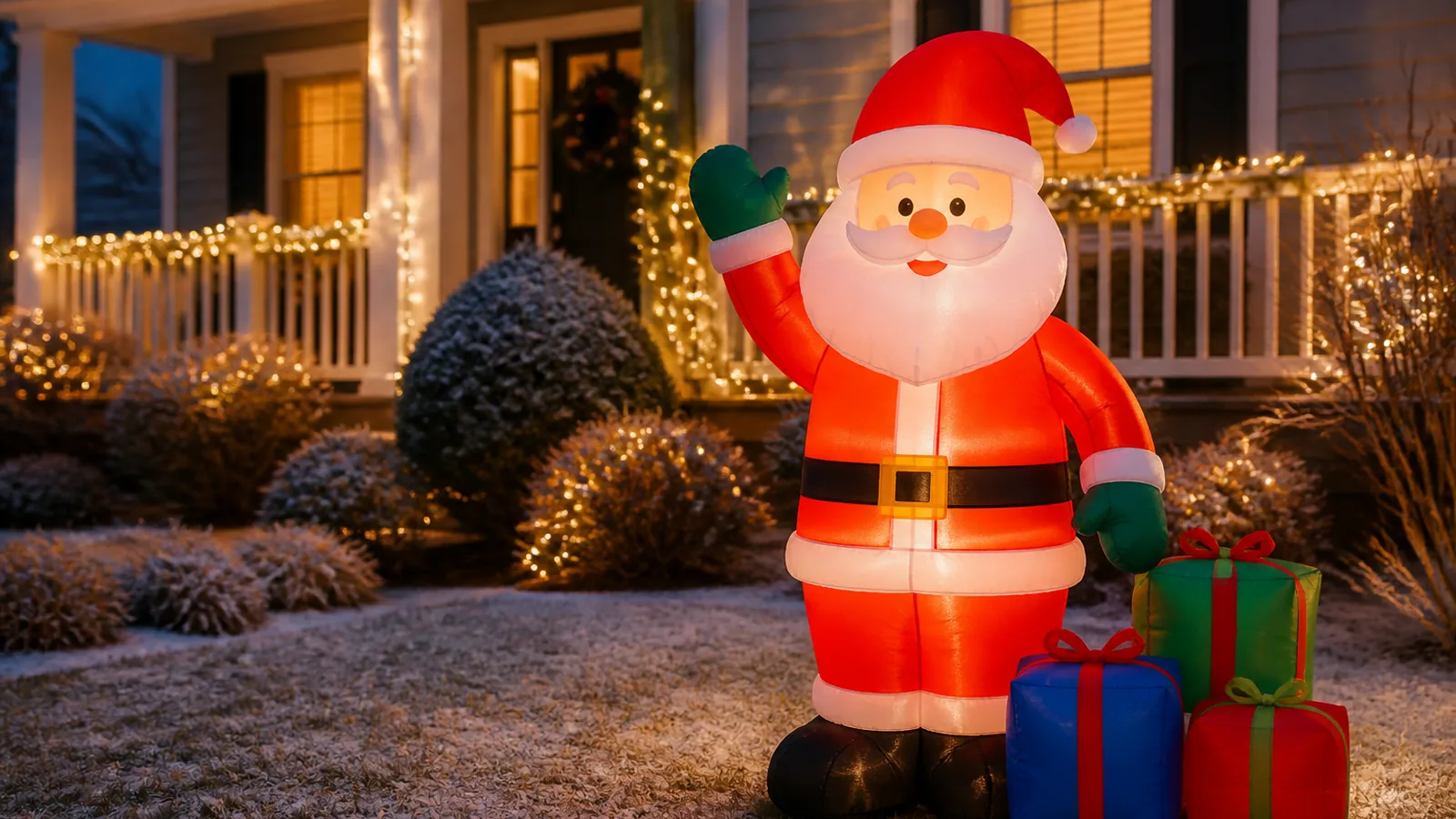 Aufblasbarer Weihnachtsmann mit beleuchteten Geschenken im Vorgarten