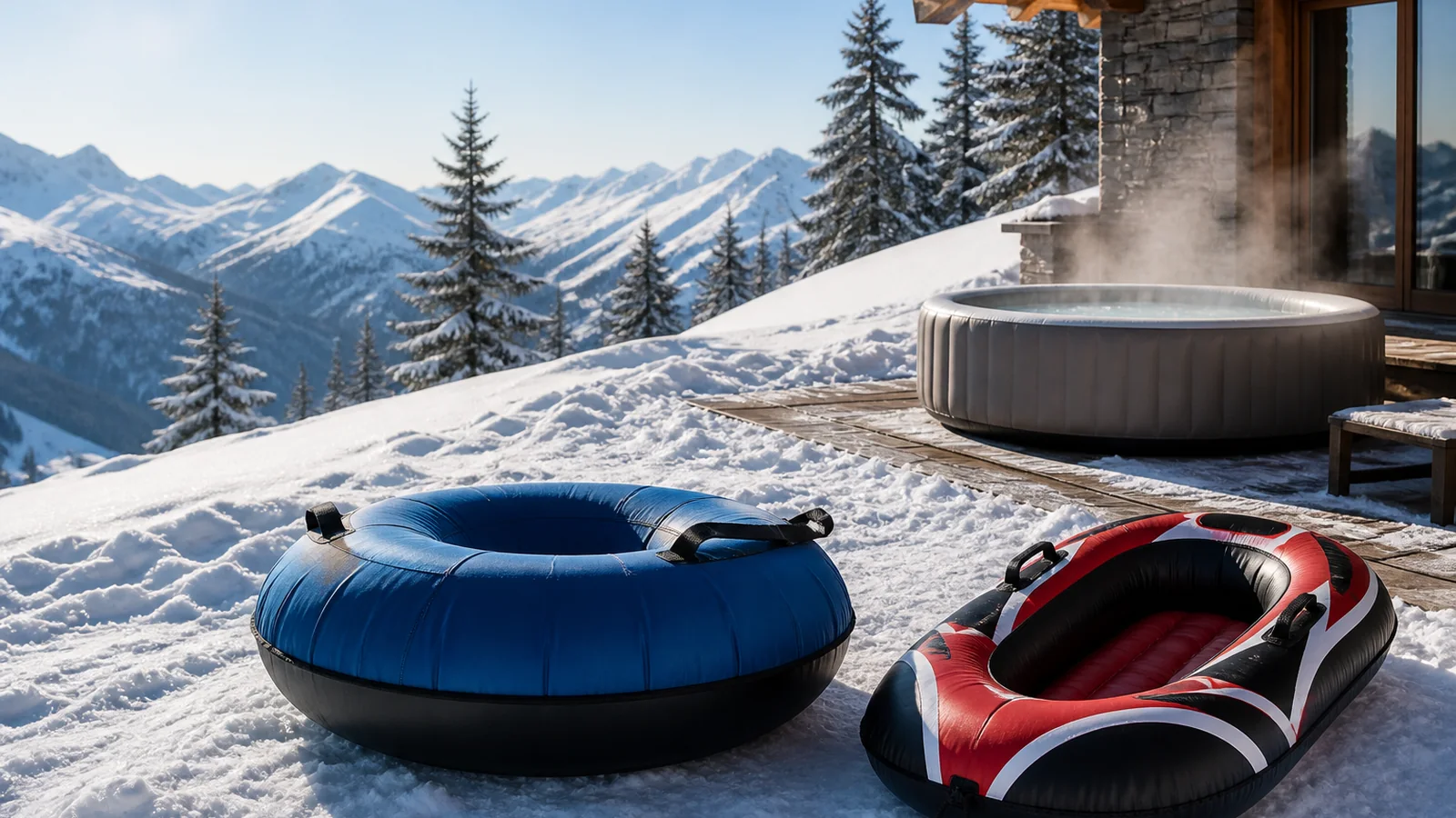 Snowtube, aufblasbarer Schlitten und Whirlpool vor einer verschneiten Bergkulisse