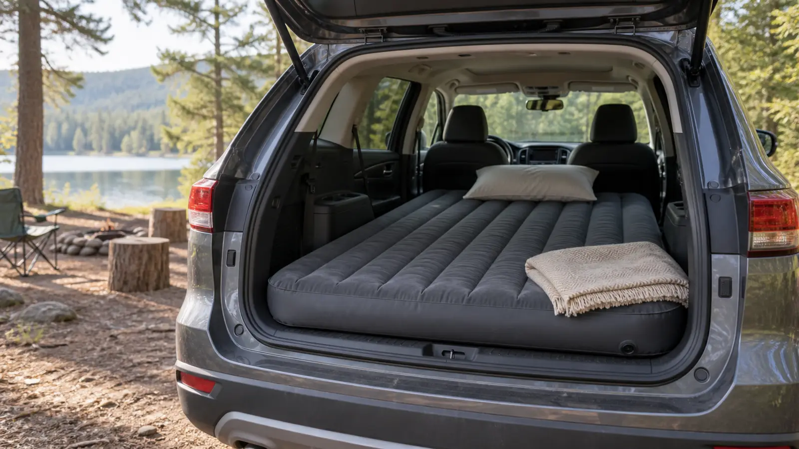 Aufblasbare Matratze im geöffneten Kofferraum eines geparkten SUV am Campingplatz
