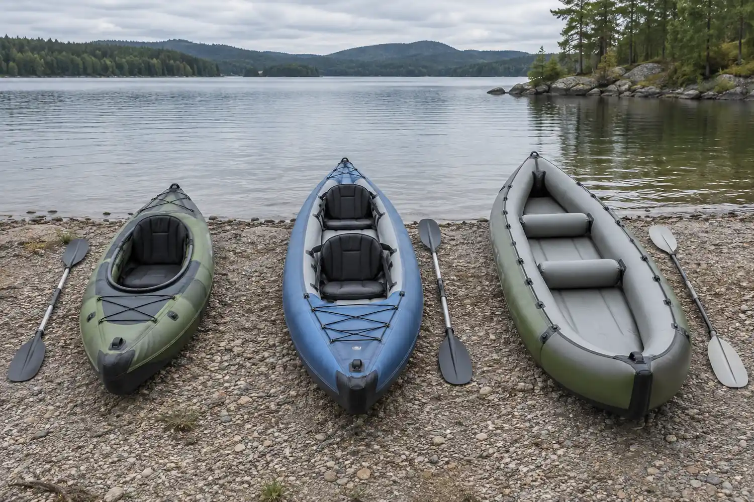 Solo-Kajak, Tandem-Kajak und offenes aufblasbares Paddelboot im Bauformenvergleich