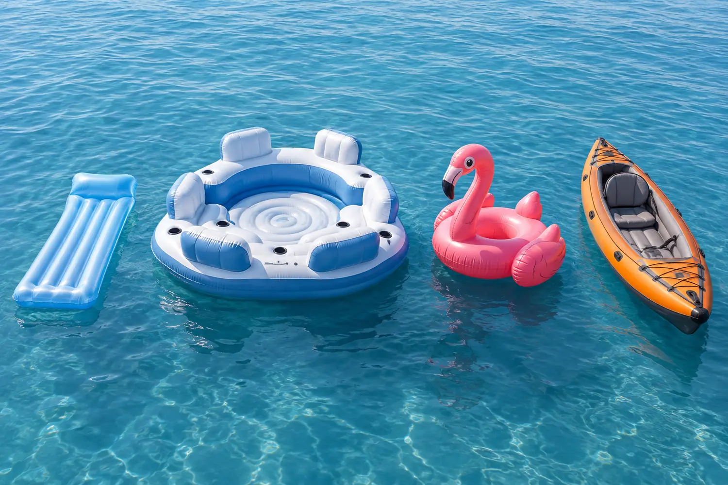 Poolliege, Badeinsel, Schwimmtier und Kajak im Größen- und Formenvergleich