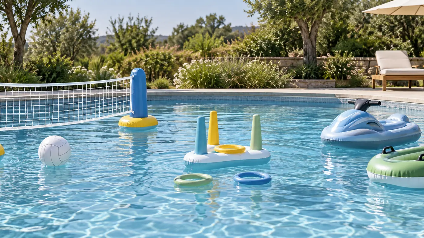 Volleyballnetz, Zielwurfspiel und kleine aufblasbare Wasserfahrzeuge im Pool