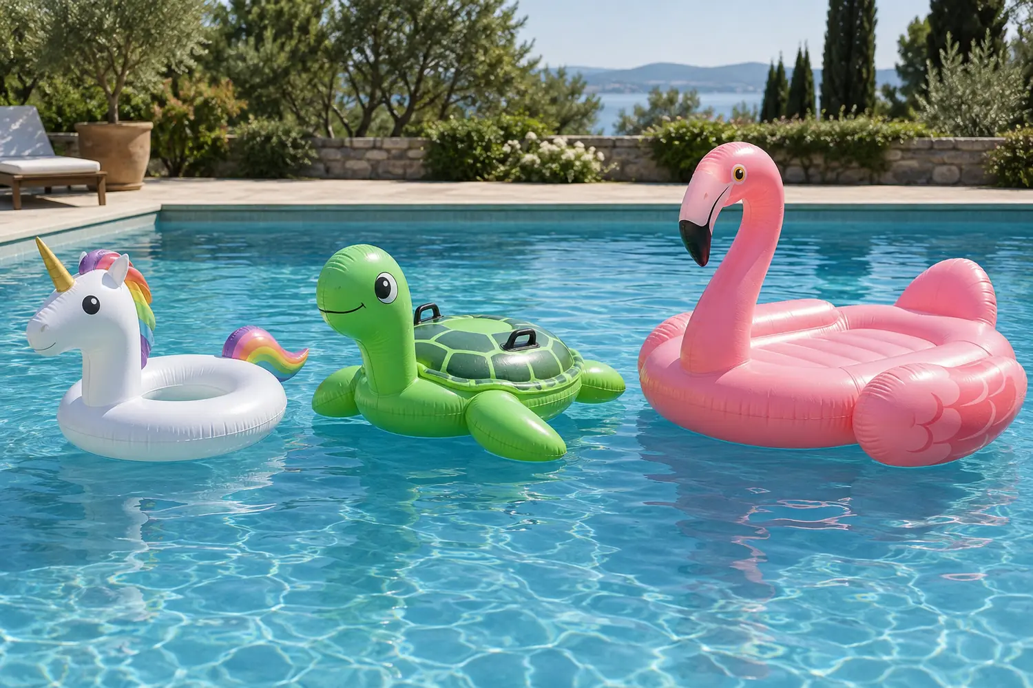 Schwimmring in Tierform, Reittier mit Griffen und große Tierliege im Vergleich