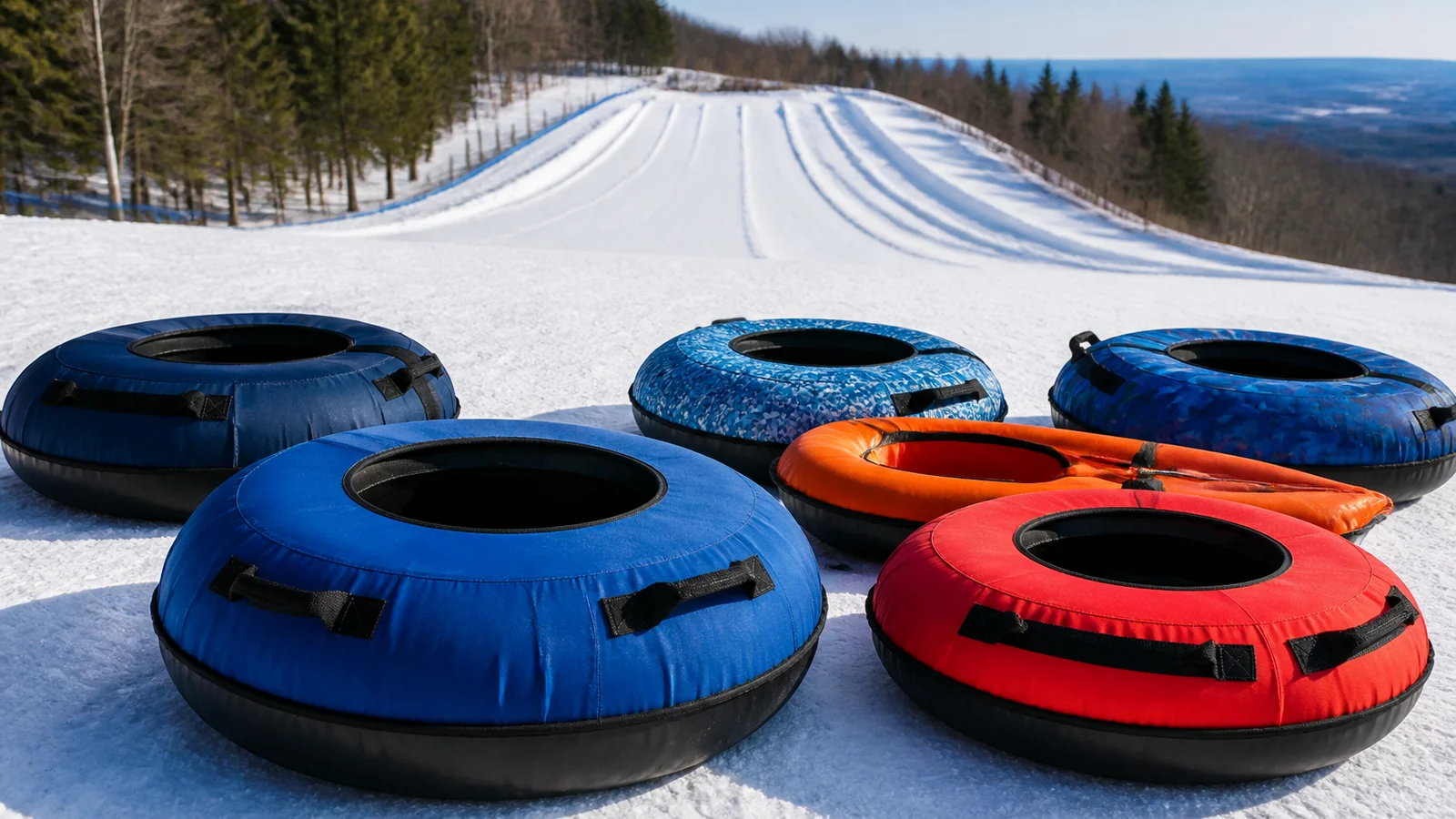Mehrere Snowtubes und aufblasbare Rodelreifen an einem präparierten Schneehang