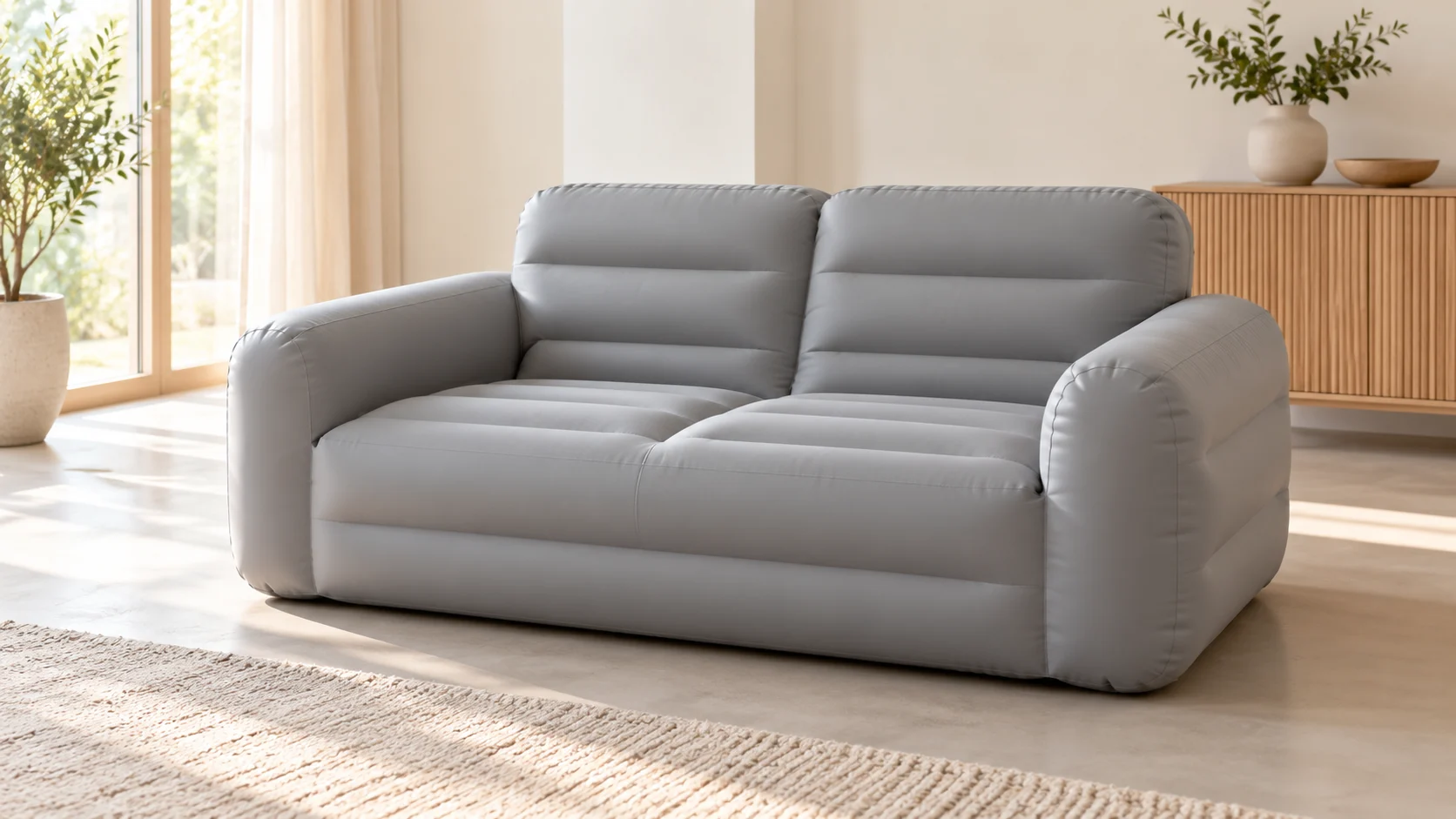 Graues aufblasbares Sofa in einem hellen Wohnraum