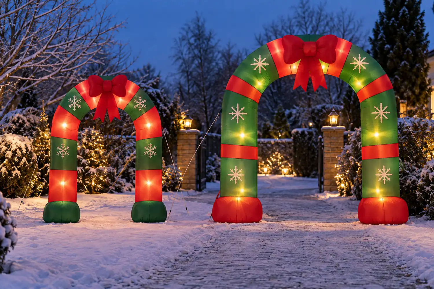 Zwei beleuchtete aufblasbare Weihnachts-Torbögen mit unterschiedlich großen Durchgängen