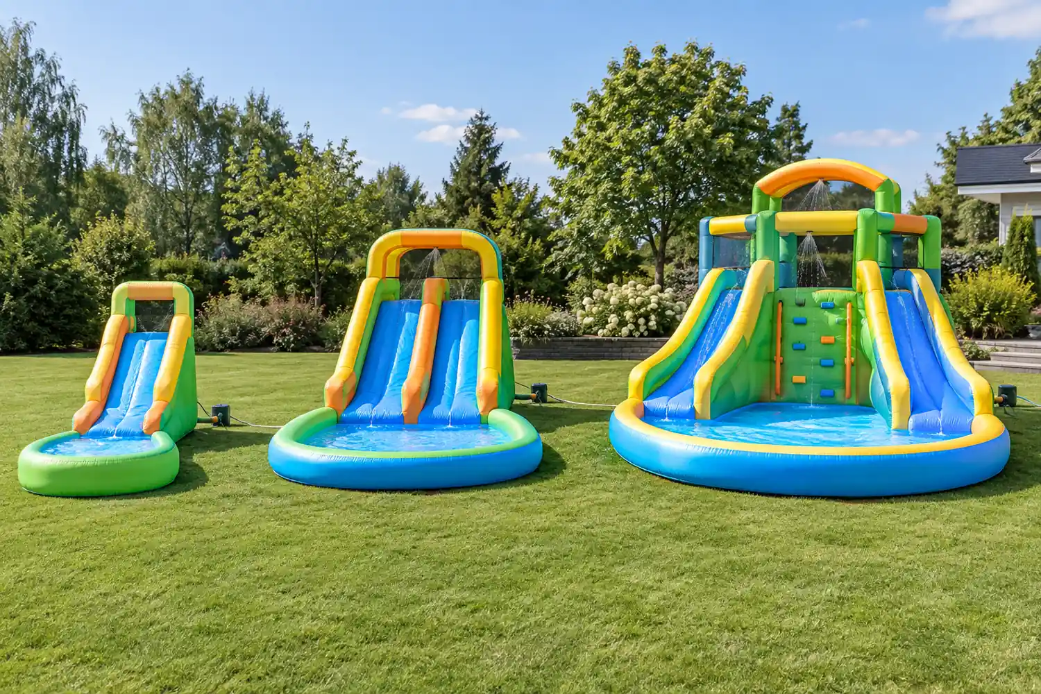Kleine Einzelrutsche, Doppelrutsche und großer Wasserpark im Größenvergleich