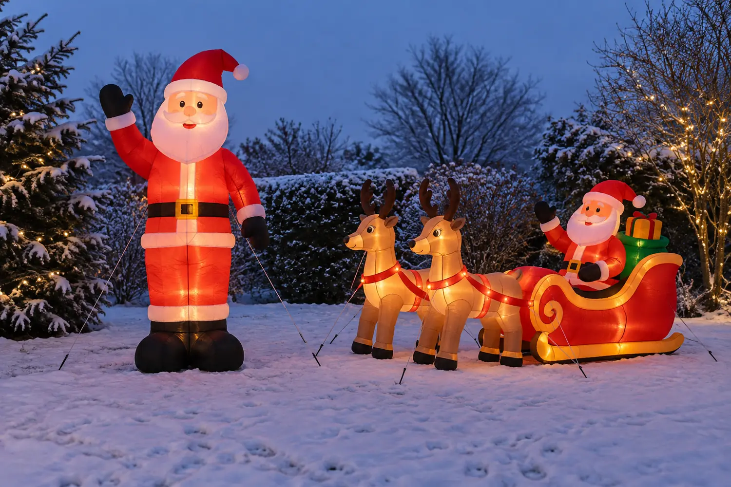 Stehender aufblasbarer Weihnachtsmann und breite Schlitten-Szene im Vergleich