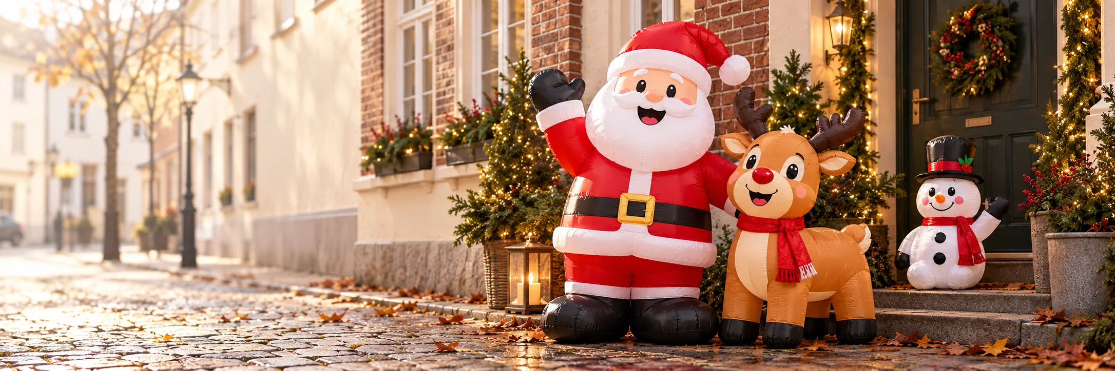Festlicher Hauseingang mit aufblasbarem Weihnachtsmann und Rentier
