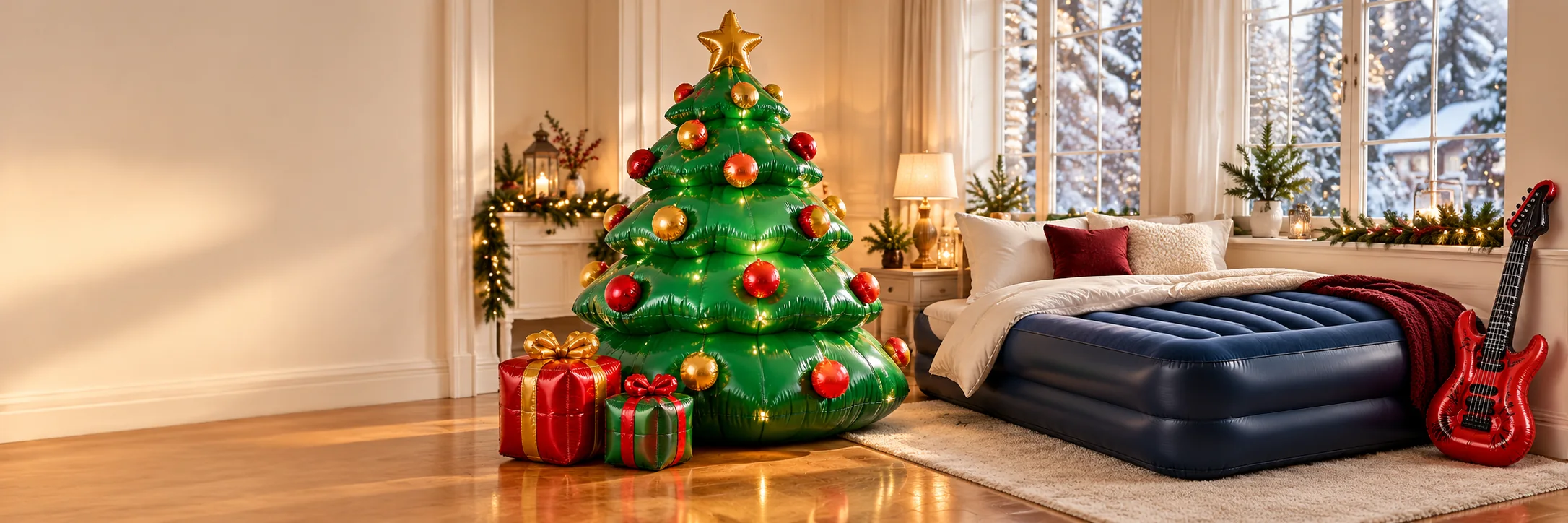 Weihnachtlicher Innenraum mit aufblasbarer Dekoration und Gästeluftbett